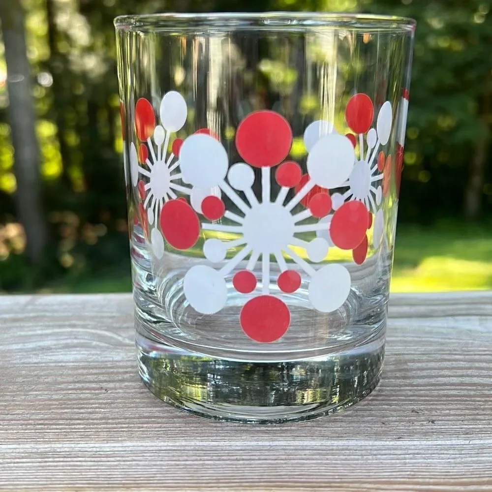 Vintage Crate & Barrel Atomic Red and White Snowflake Double Old Fashioned Glass